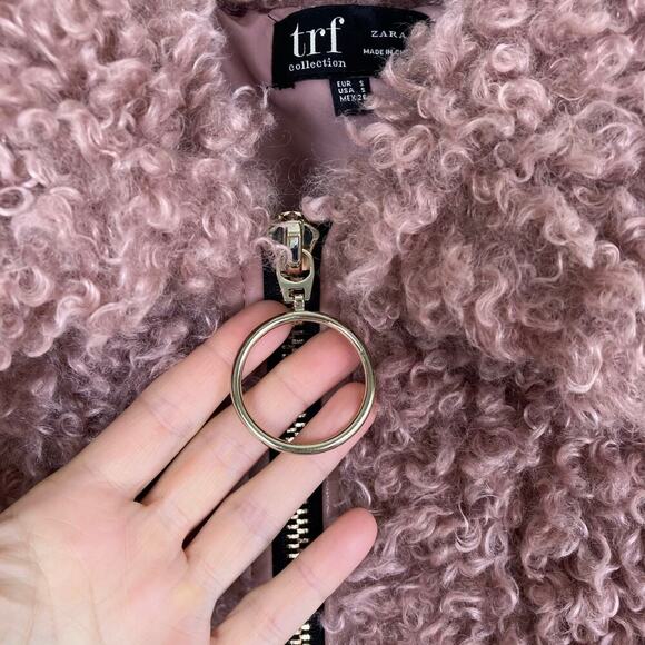 Zara TRF Sz S Faux Shearling Bomber Jacket in Mauve Fuzzy Zip-up Boho Warm - Picture 14 of 16